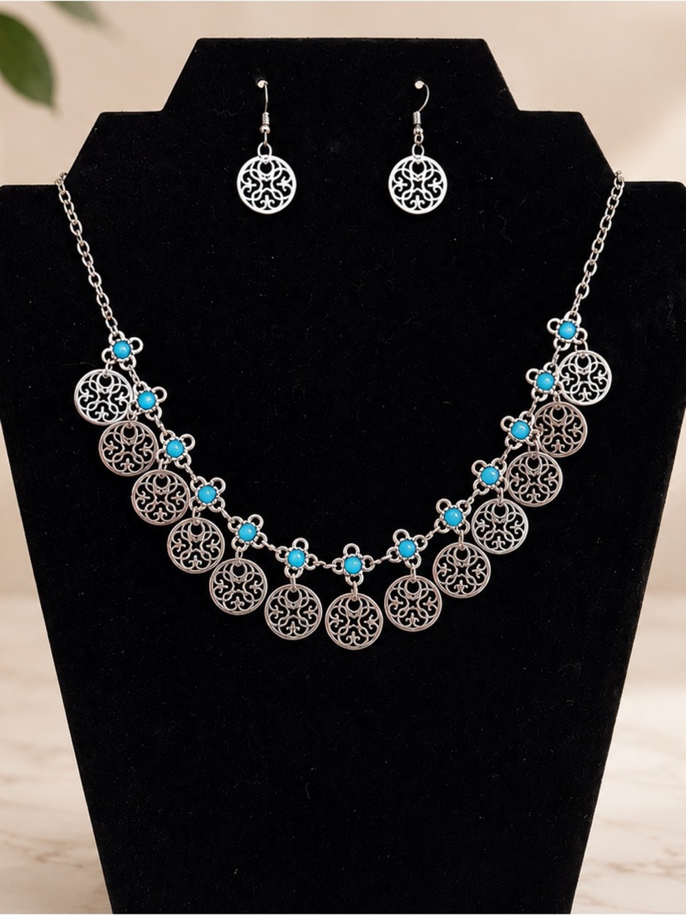 Silver Filigree Necklace & Earrings Set with Turquoise Accent Dangles